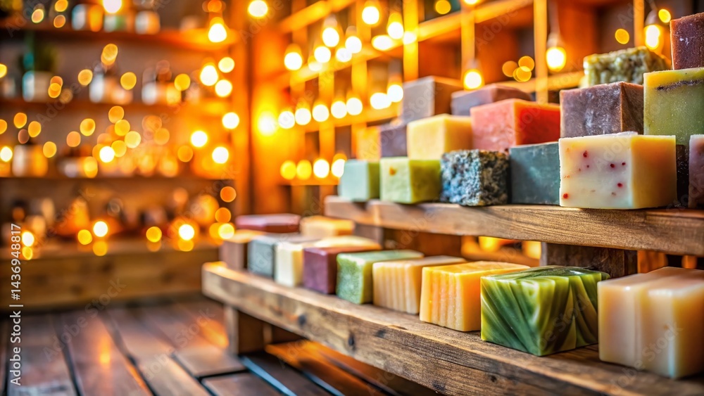 Poster rustic shop display of natural soap bars with bokeh background