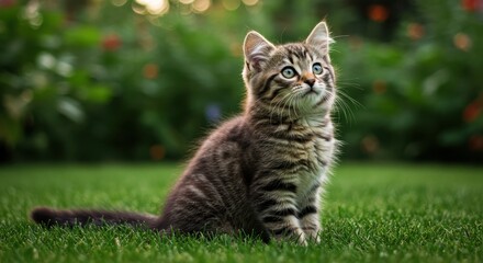 Naklejka premium Young kitten with brown and black stripes sitting on green lawn in garden
