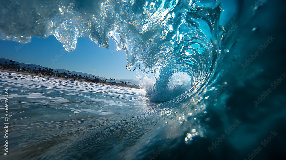 Poster a breathtaking view of a rolling ocean wave captured in stunning detail showcasing the power and bea