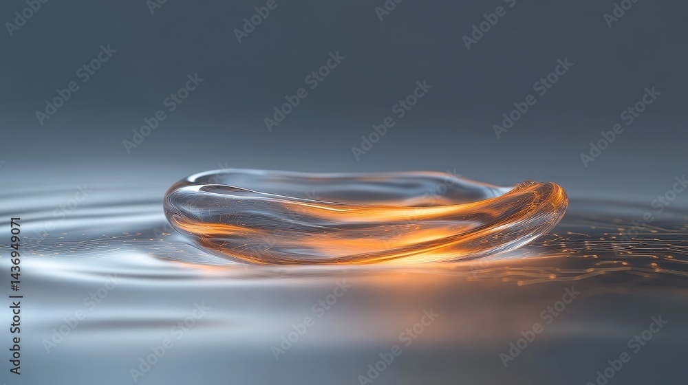 Poster abstract glowing orb rests on a serene rippling translucent surface illuminated with inner light cre