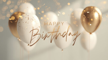 Minimalist birthday greeting card design with gold and white balloons, featuring elegant script text and festive confetti. soft lighting adds celebratory atmosphere