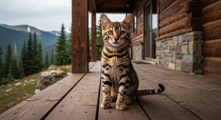 Obraz premium Bengal cat sitting on a wooden porch with a mountainous landscape in the background