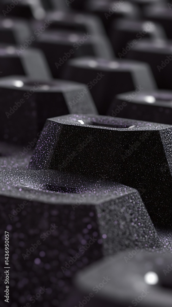 Poster dark hexagon pattern with granular texture and subtle reflections, close up