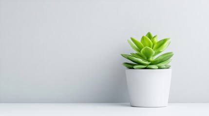 Minimalist succulent in a white pot against a light gray background.  A small, vibrant green succulent plant sits in a simple white ceramic pot,  against a plain light gray wall.