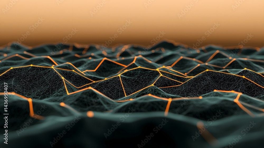Poster the image shows a dark, undulating landscape with a network of glowing orange lines connecting point