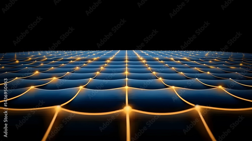 Poster the image shows a dark blue, undulating surface gridded with glowing orange lines connecting luminou