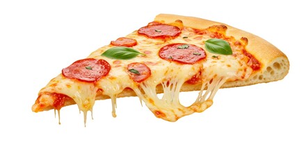 A single slice of pepperoni pizza with melted cheese and basil on a white isolated background
