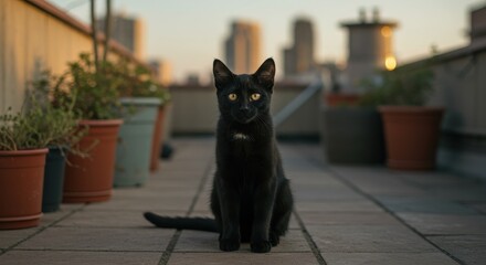 Black cat with yellow eyes sitting on a rooftop terrace surrounded by potted plants