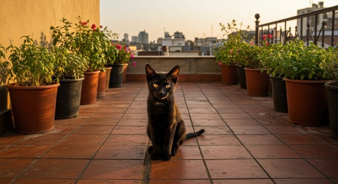 Black cat sitting on rooftop terrace with potted plants and cityscape in background