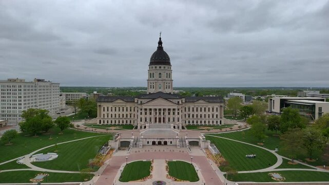 Aerial Drone Views Near the Kansas State Capitol Government Building in Topeka, KS