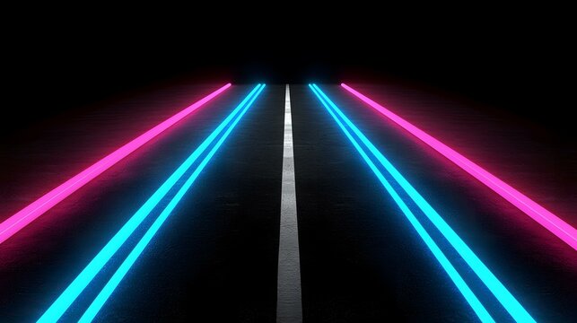 A dark, asphalt-like surface is illuminated by two parallel neon blue lines and flanking pink neon lines, creating a glowing lane effect converging at the vanishing point.