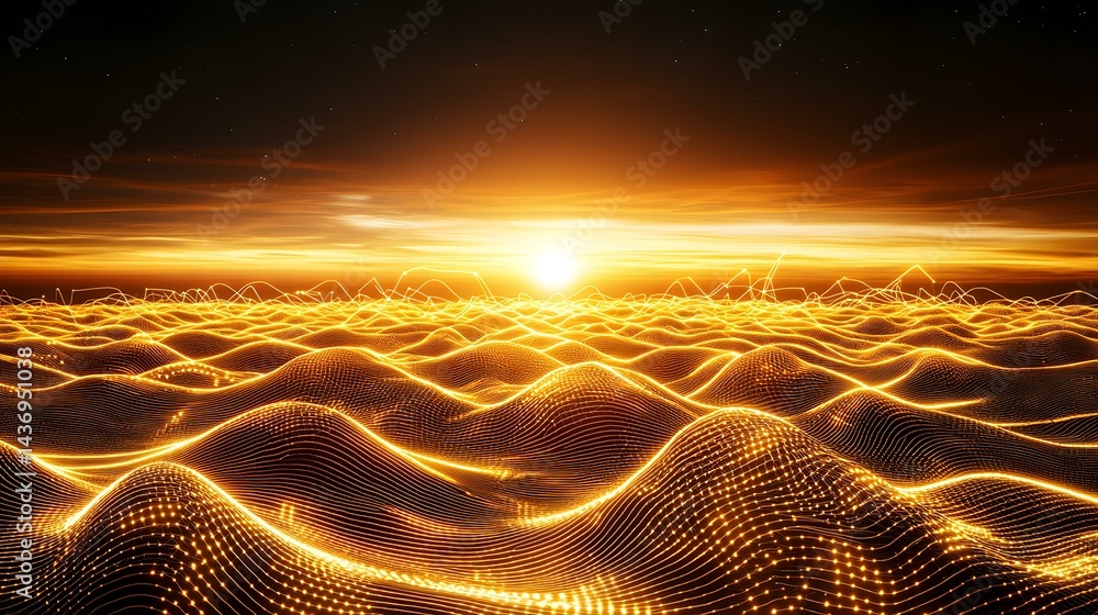 Poster a luminous, golden, undulating landscape under a fiery sunset, composed of interconnected glowing li