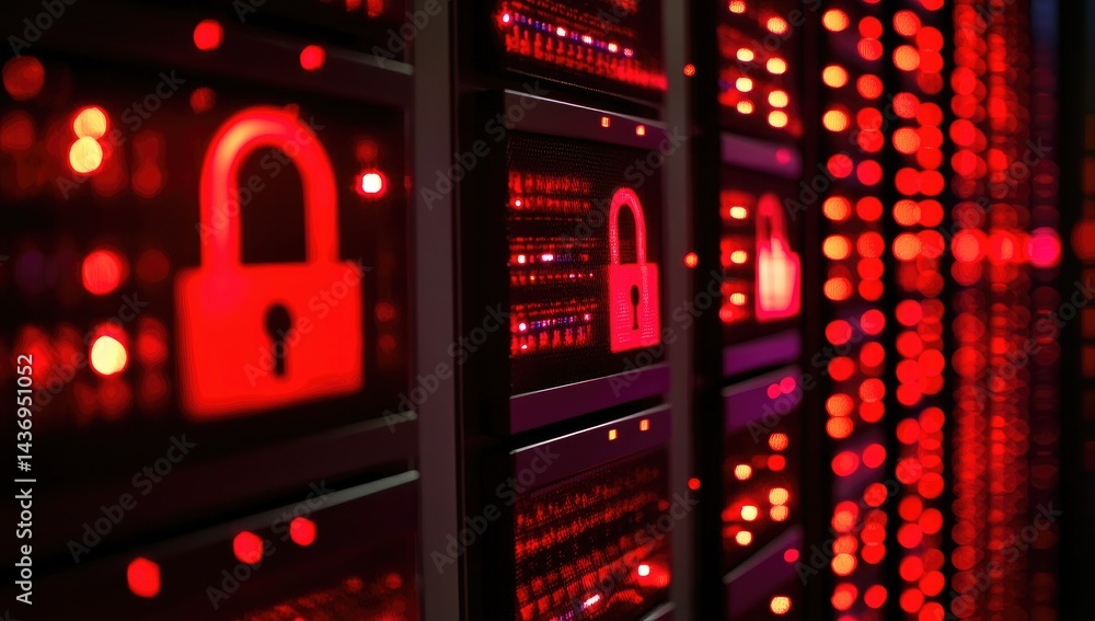 Poster red illuminated server racks with padlock symbols