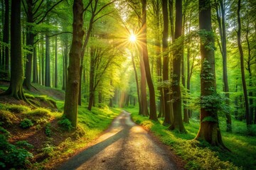 Serene Forest Path: Lush Green Trees, Sunlight Dappled Trail Stock Photo