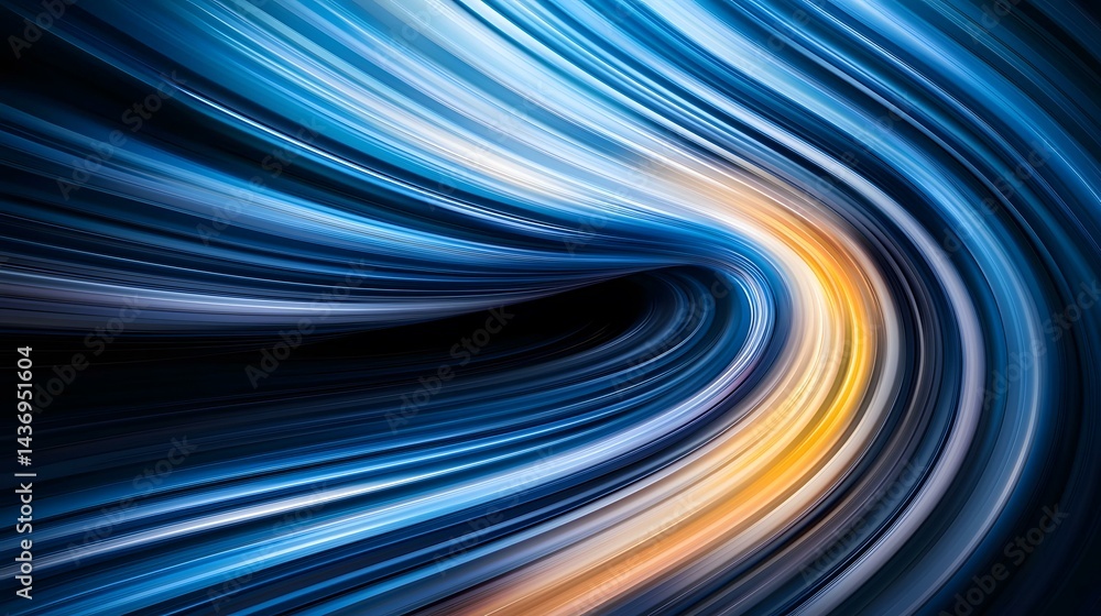 Poster the image shows an abstract design of swirling, luminous streaks of blue, transitioning to gold in t