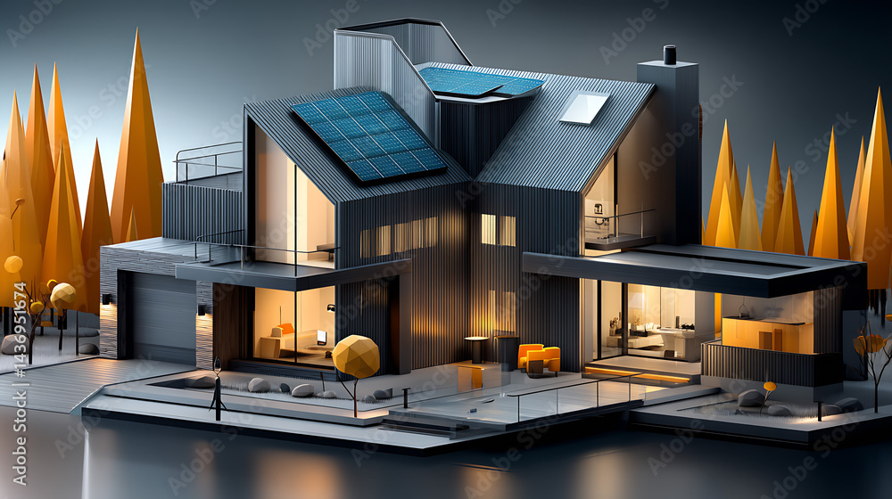 Poster modern architectural design of a luxurious house with solar panels surrounded by nature : generative