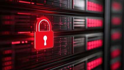 Red Padlock Icon On Server Rack With Glowing Lights