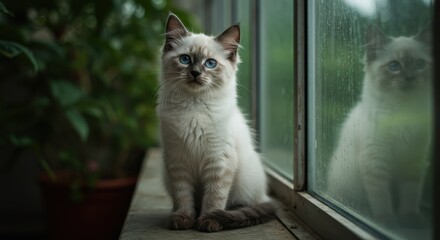 Young cat with blue eyes sitting on a wooden windowsill next to a potted plant