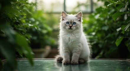 Obraz premium Young kitten with blue eyes sitting on a reflective surface indoors surrounded by green plants