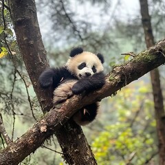 Obraz premium Sleepy panda cub nestled in a forest branch.