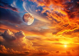 Obraz premium Serene Orange Sunset Cloudscape with Moon, Ample Copy Space - Stock Photo