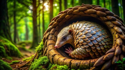 Obraz premium Serene Pangolin in Hollow Tree Trunk - Long Exposure Forest Photography