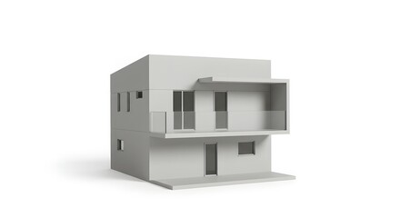 A minimalist two story house model with a balcony and a flat roof on a white background view from the front