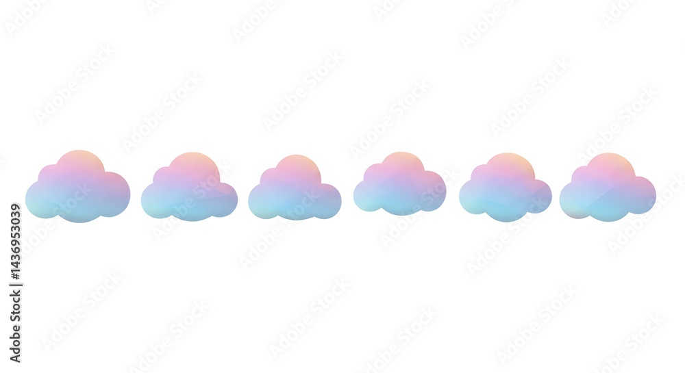 Poster pastel colored clouds arranged in a horizontal line on a plain white background in a studio shot