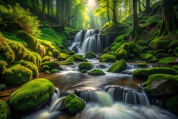 Fototapeta premium Serene Waterfall in Lush Forest: Mossy Rocks & Tranquil Flow - Stock Photo