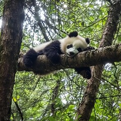 Obraz premium Sleepy panda cub rests contentedly on a tree branch.