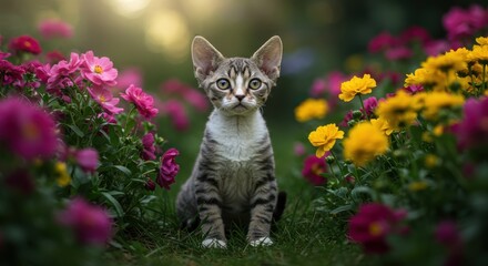 Young tabby kitten sitting on grass in garden surrounded by pink and yellow flowers