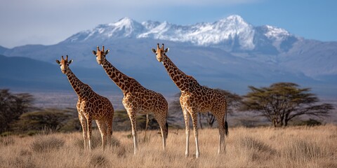 Obraz premium Three giraffes in African savanna with snow-capped mountain background. Possible use Nature photography, wildlife, travel, educational materials