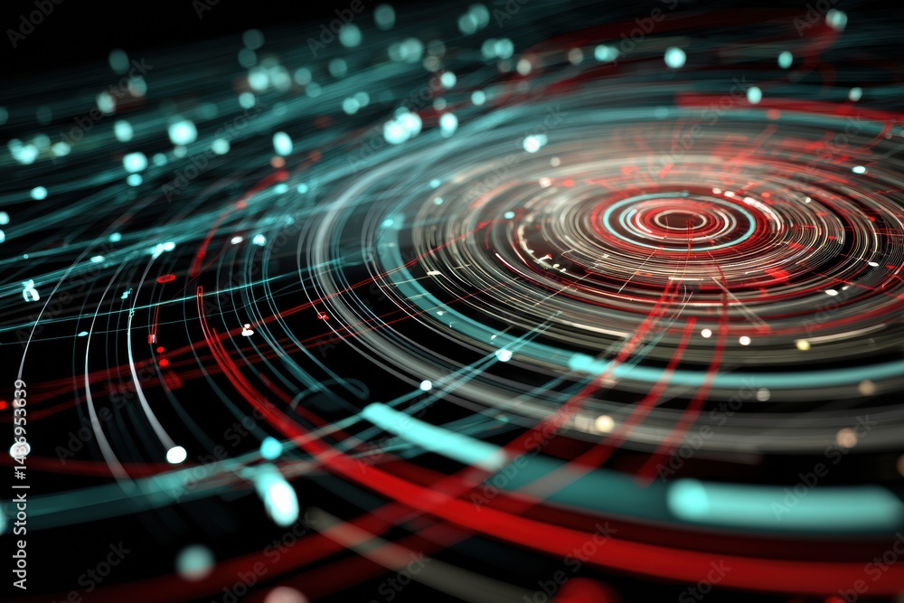 Poster futuristic hud interface showcasing circular radar and illuminated motion trails in a dark digital l