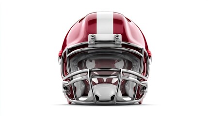 Fototapeta premium Front view of a shiny maroon football helmet with white stripe on white backdrop