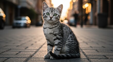 Fototapeta premium Gray tabby cat with green eyes sitting on cobblestone pavement in city street