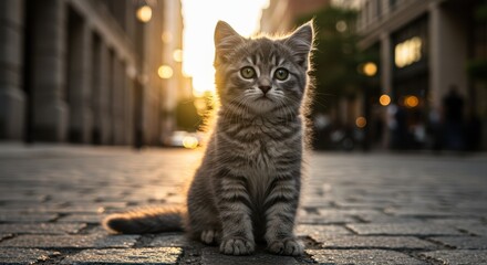 Fototapeta premium Small kitten with gray and black striped fur sitting on cobblestone street at sunset