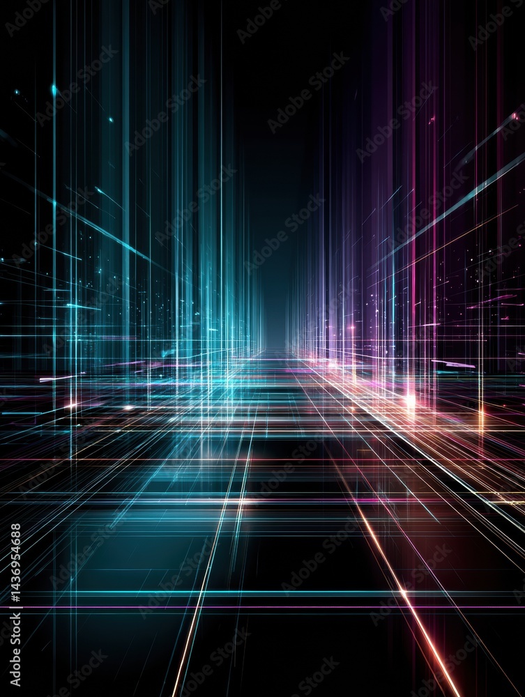 Poster Futuristic Digital Grid With Neon Lines Creating a Vanishing Point Perspective in a Dark Environment
