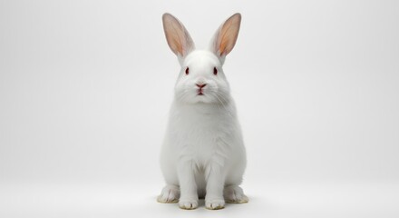 Obraz premium A fluffy white rabbit with long ears sitting upright on a plain white background in a studio setting