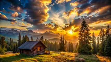 Silhouette of Cozy Cabin in Woods at Sunset - Peaceful Nature Scene