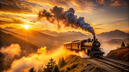 Silhouette of Steam Train Riding Through Misty Mountain Landscape at Sunset