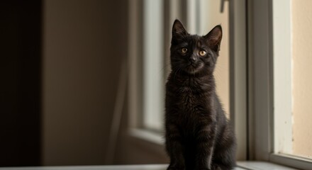 Black kitten sitting upright on a light-colored surface in a room with a door and window