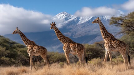 Obraz premium Three giraffes walking in a savanna landscape, mountain background, wildlife photography