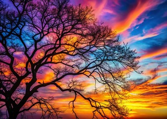 Naklejka premium Silhouette Tree Branches Against Dramatic Sky: Ample Copy Space Stock Photo