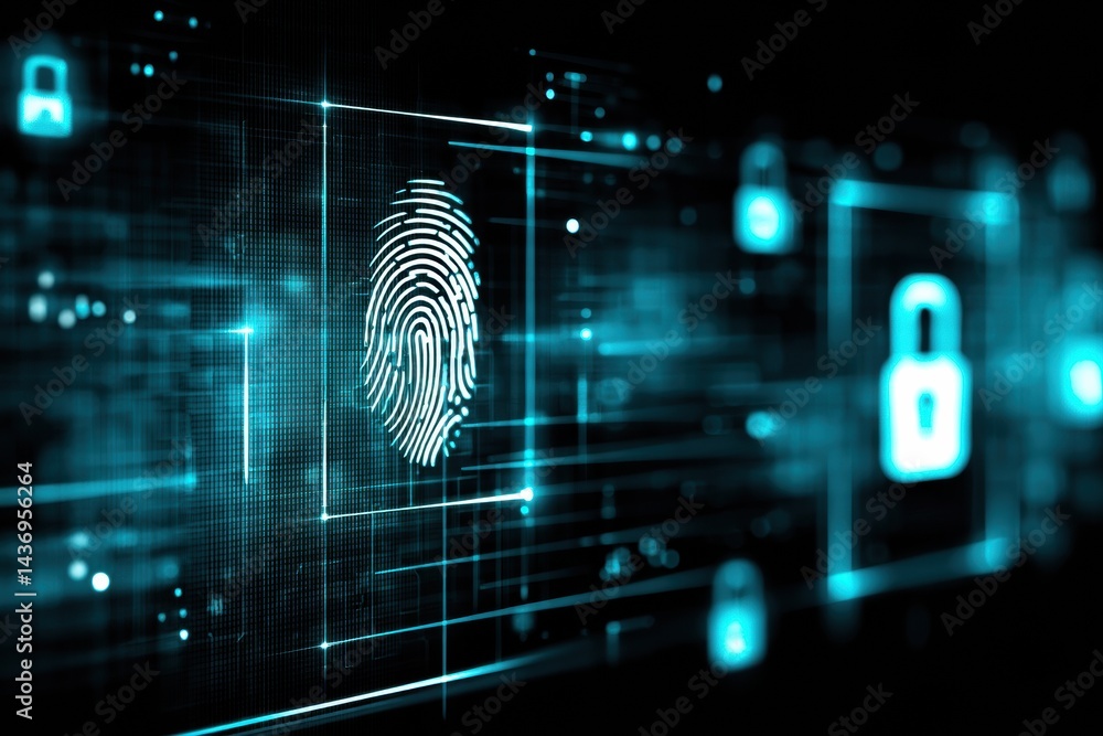 Leinwandbilder holographic padlock and fingerprint icon in a cybersecure environment showcasing advanced security t