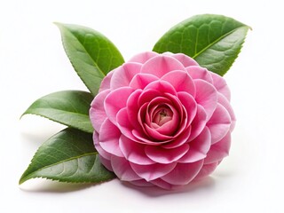 Single Pink Camellia Japanese Rose Blossom with Leaf, Isolated White Background - Stock Photo