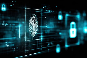 Holographic Padlock and Fingerprint Icon in a Cybersecure Environment Showcasing Advanced Security Technology