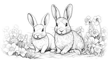 Obraz premium Charming Rabbits Sitting in Colorful Flowers Sketch Cartoon Illustration