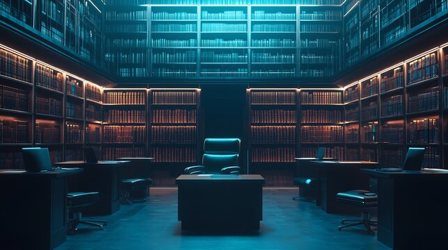 Library Office with Blue Lighting and Computer Desks
