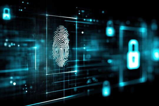 Holographic Padlock and Fingerprint Icon in a Cybersecure Environment Showcasing Advanced Security Technology
