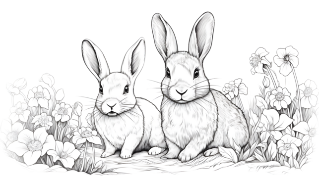 Charming Rabbits Sitting in Colorful Flowers Sketch Cartoon Illustration